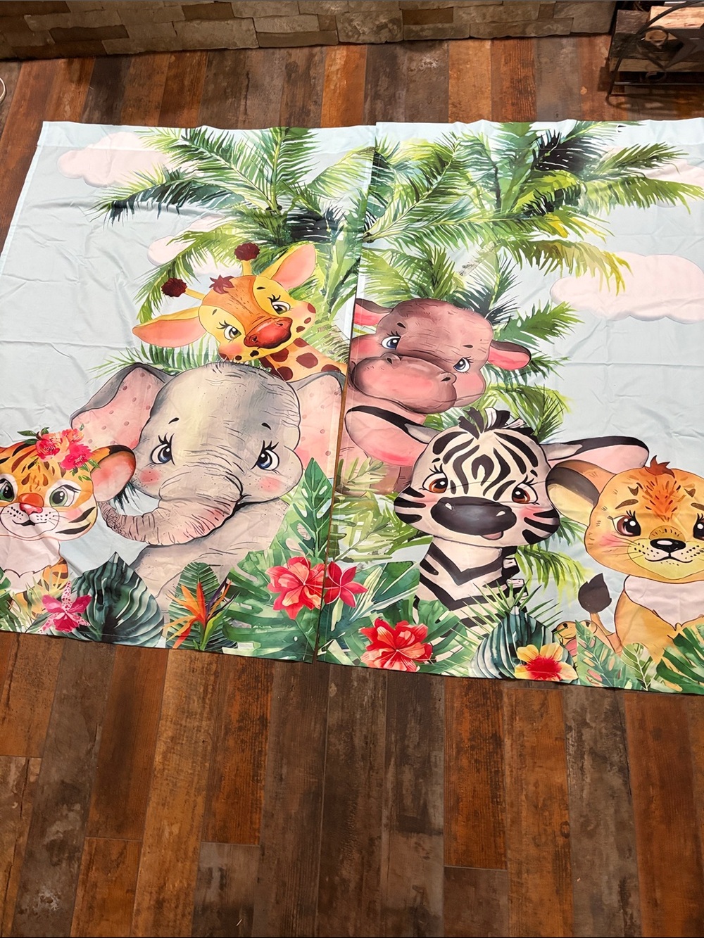 Kids Jungle Animal curtains - Blue with Colorful Safari Characters